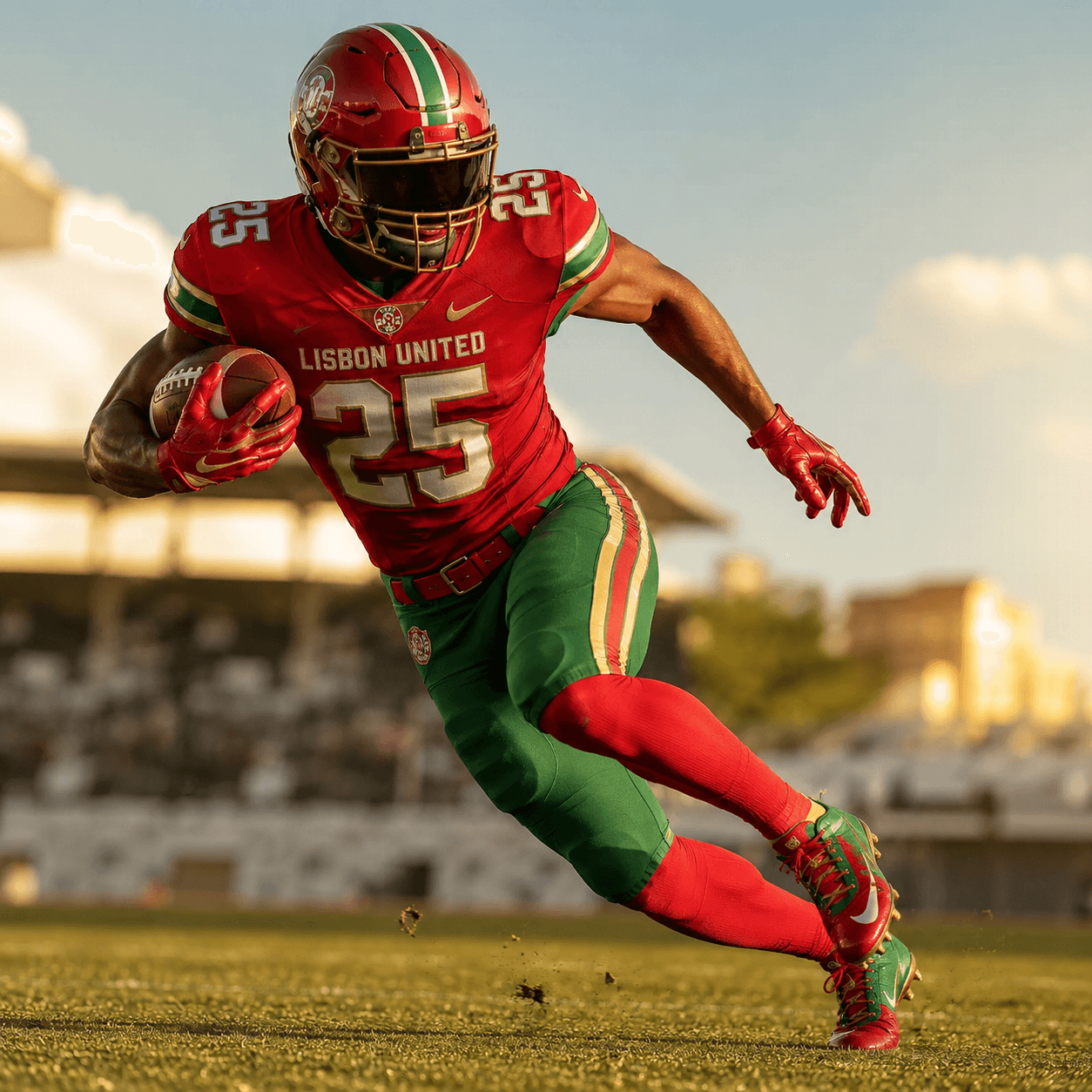 Lisbon United player in the team's red and green uniform running with the football.